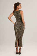 Ainslee-Modal Square-Neck Bodycon Midi Dress in Leopard Print