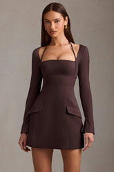 Ksenia-Pinstripe Structured A-Line Mini Dress in Chocolate Brown
