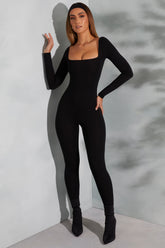 Delanie-Square Neck Long Sleeve Jumpsuit in Black