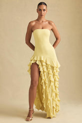 Diletta-Ruffle-Trim Strapless Gown in Pastel Yellow