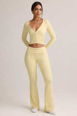 Jules-Modal Ribbed Foldover Flared Trousers in Buttercream Yellow