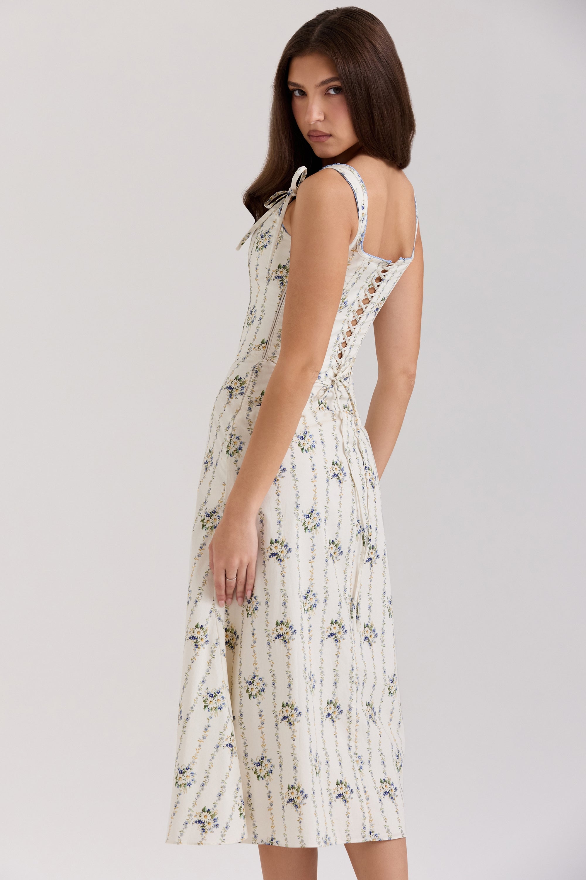 Dionne-Cream Daisy Print Stretch Cotton Midi Dress