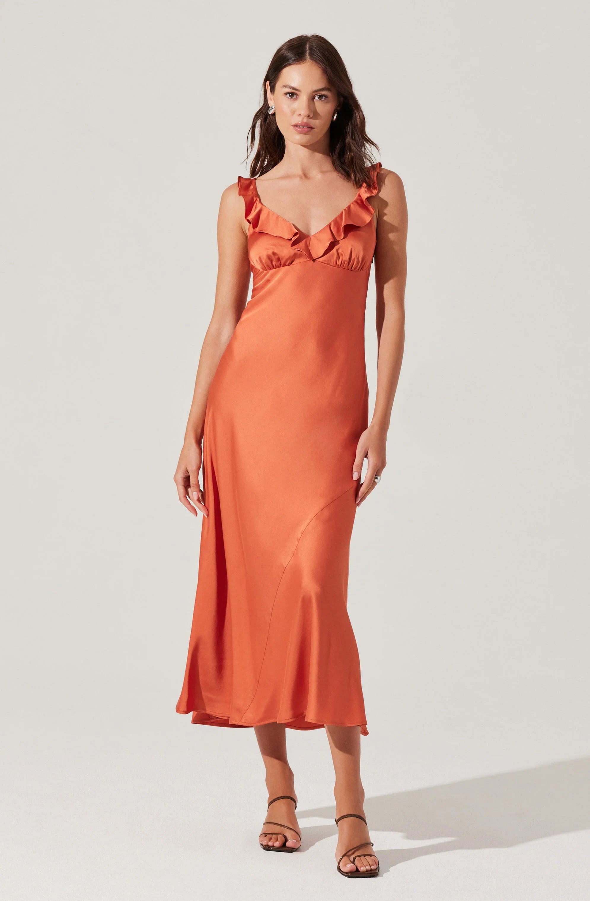 Zoie Satin Ruffle Midi Dress