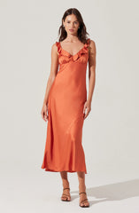 Zoie Satin Ruffle Midi Dress
