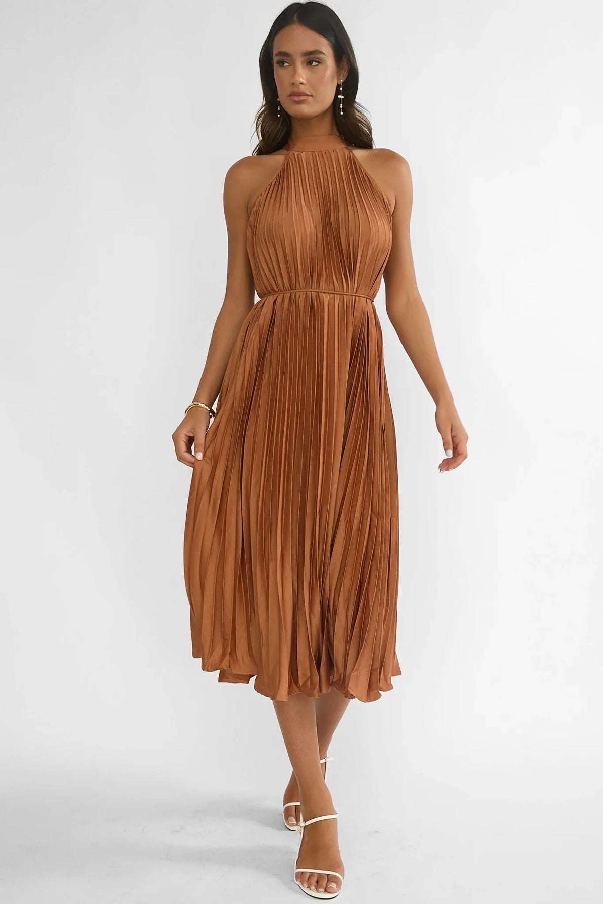 Sharaya Accordion Pleat Midi Dress Mocha