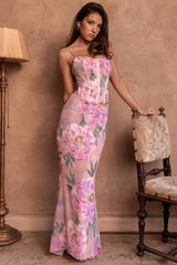 Antonina-Pink Floral Corset Maxi Dress