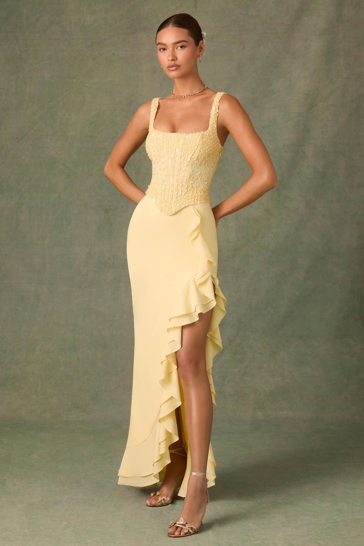 Robina-Embellished Ruffle-Trim Corset Gown in Yellow