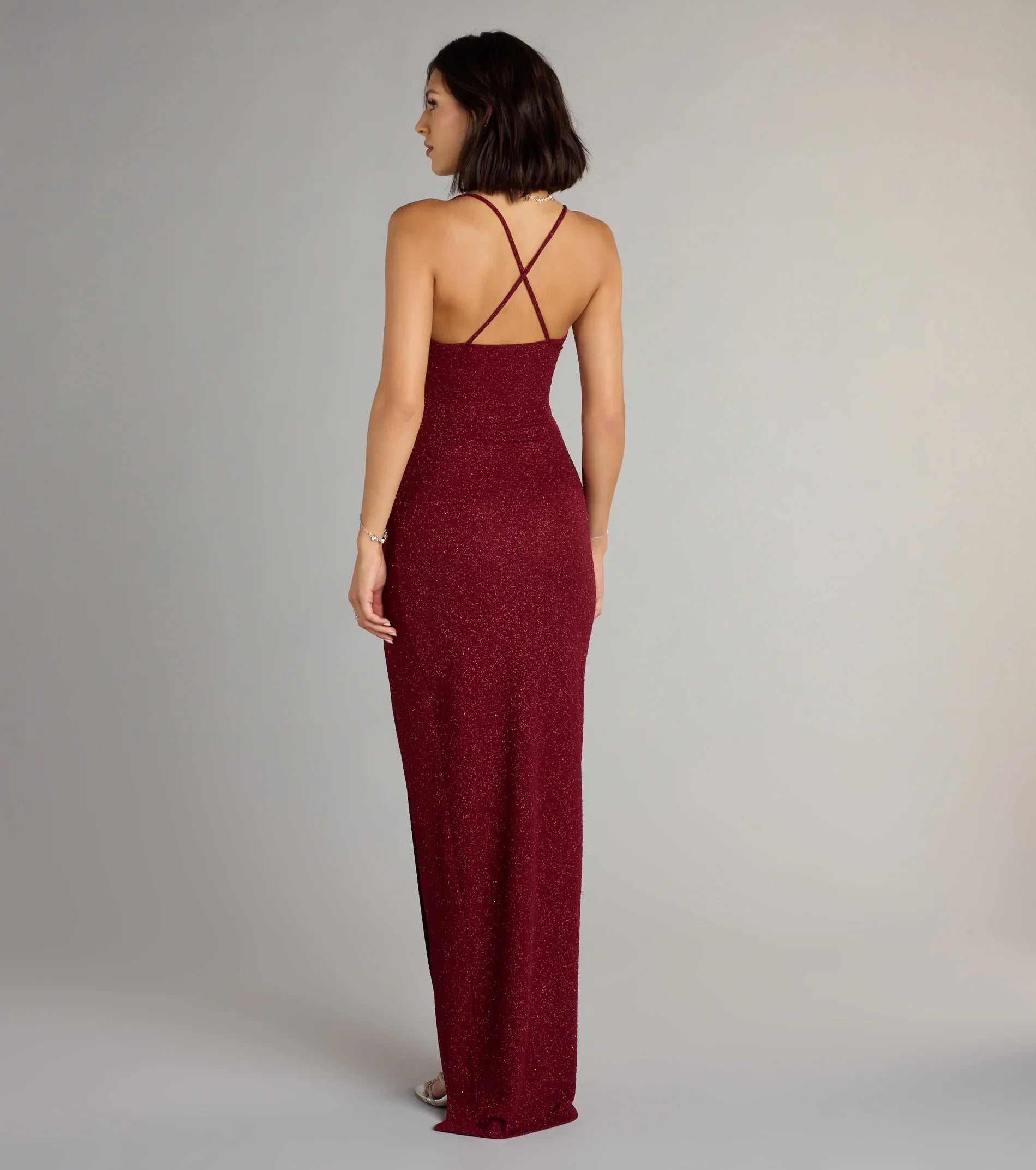 Amirah Formal Glitter Cowl Neck Column Dress-BURGUNDY