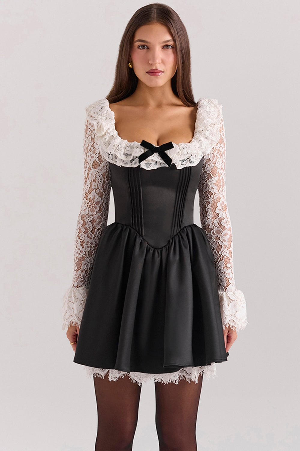 Cleora-Black Lace Ruffle Mini Dress - SALE