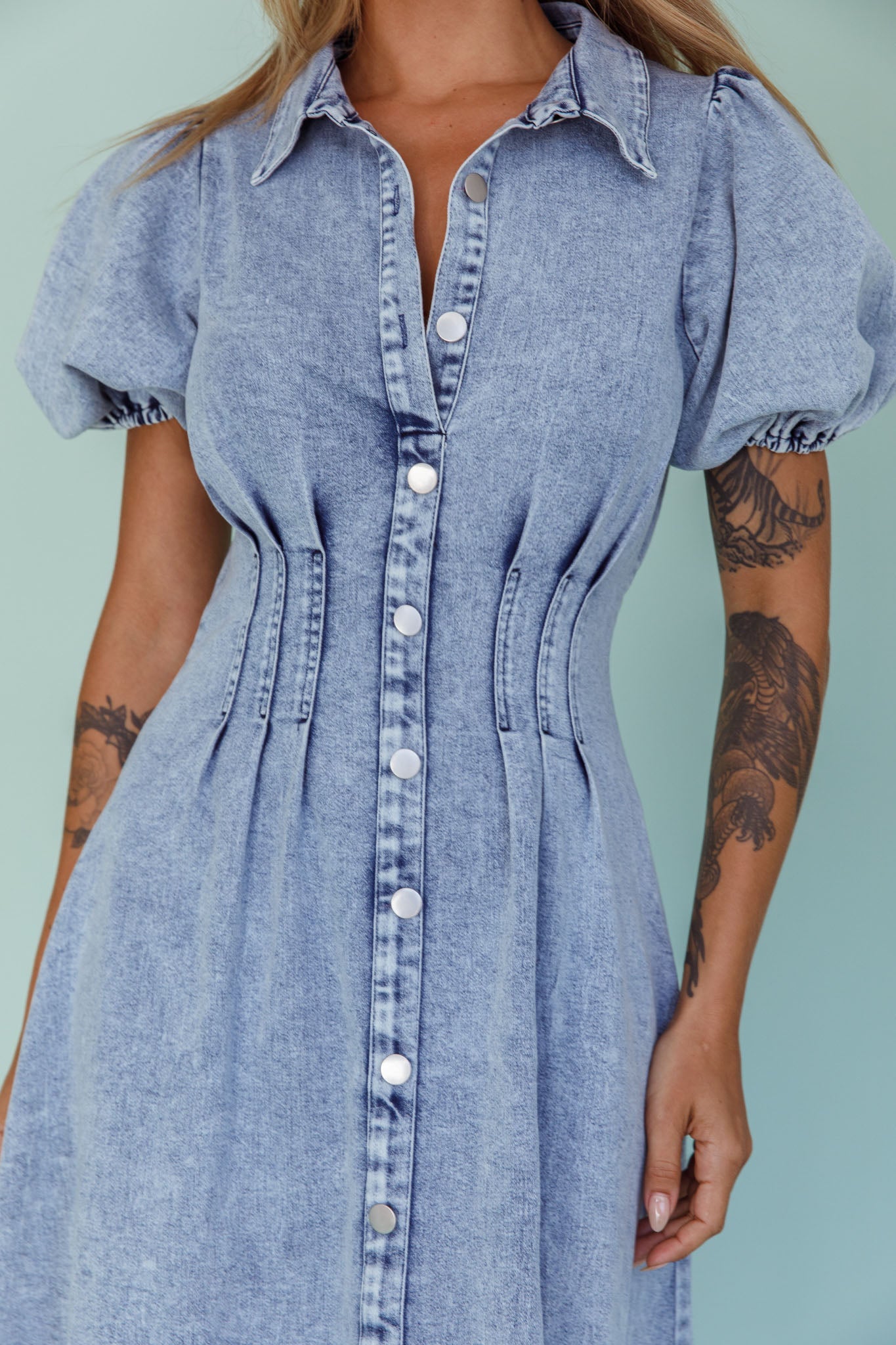 Zurich Pleated Waist Midi Dress Denim Blue