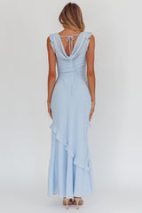 Sangria Cowl Neck Frill Maxi Dress Blue