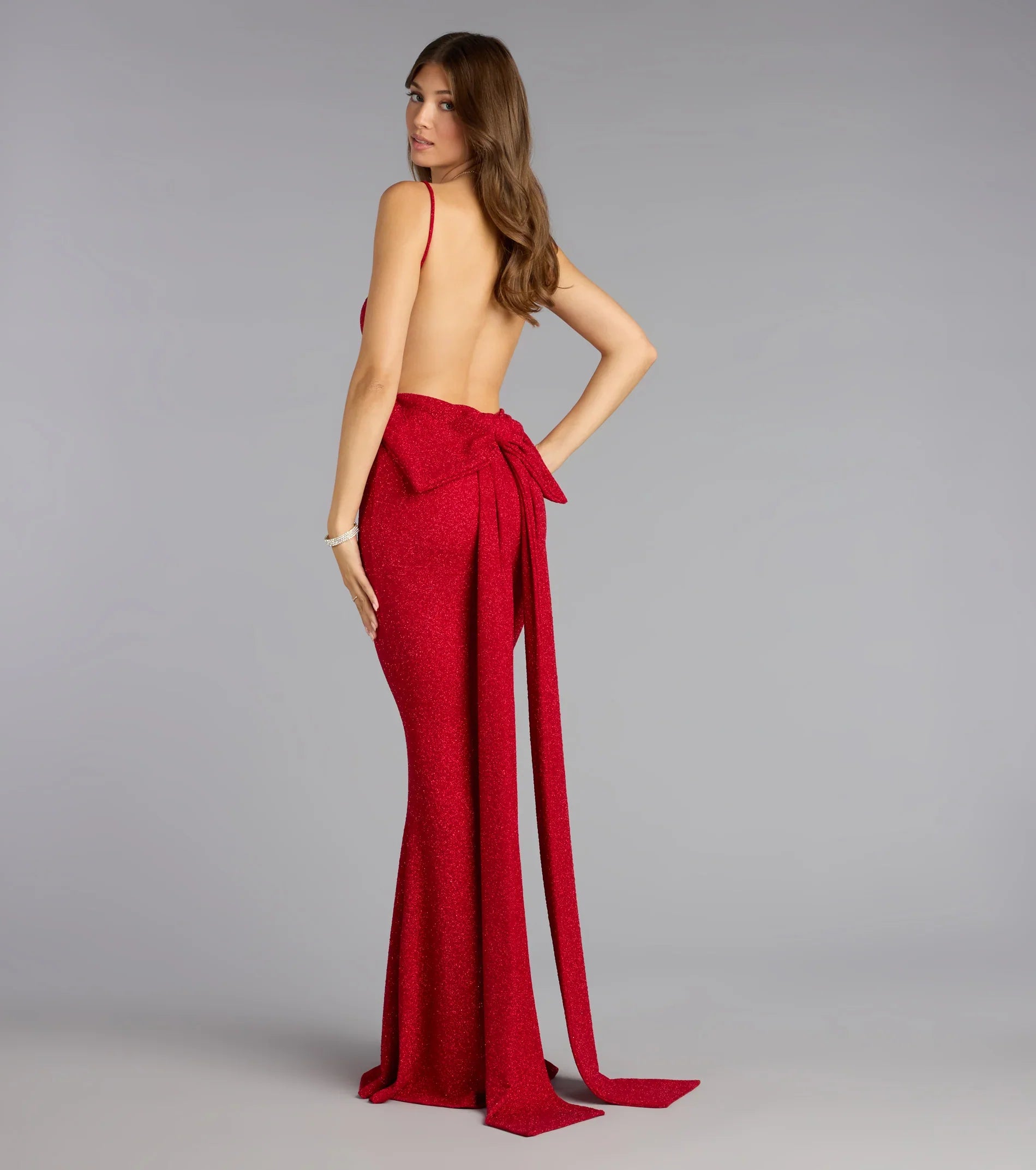 Gwendolyn Glitter Knit Bow-Back Mermaid Dress-RED