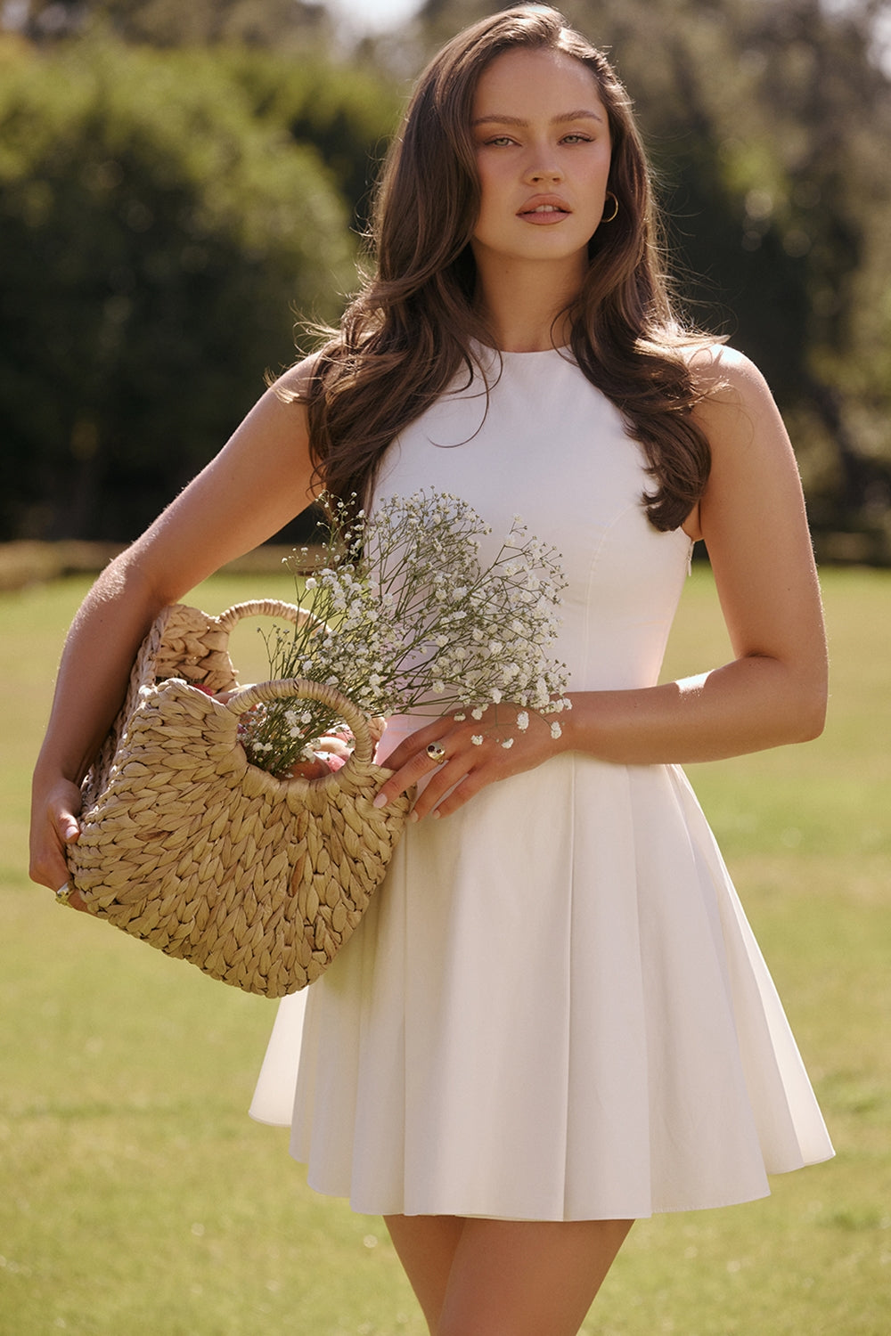 Claretta-White Pleated Cotton Mini Dress