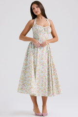 Adabella-Pale Blue Meadow Print Cotton Halter Sundress