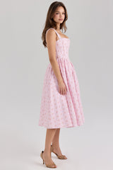 Amara-Pink Rose Print Stretch Cotton Corset Midi Dress