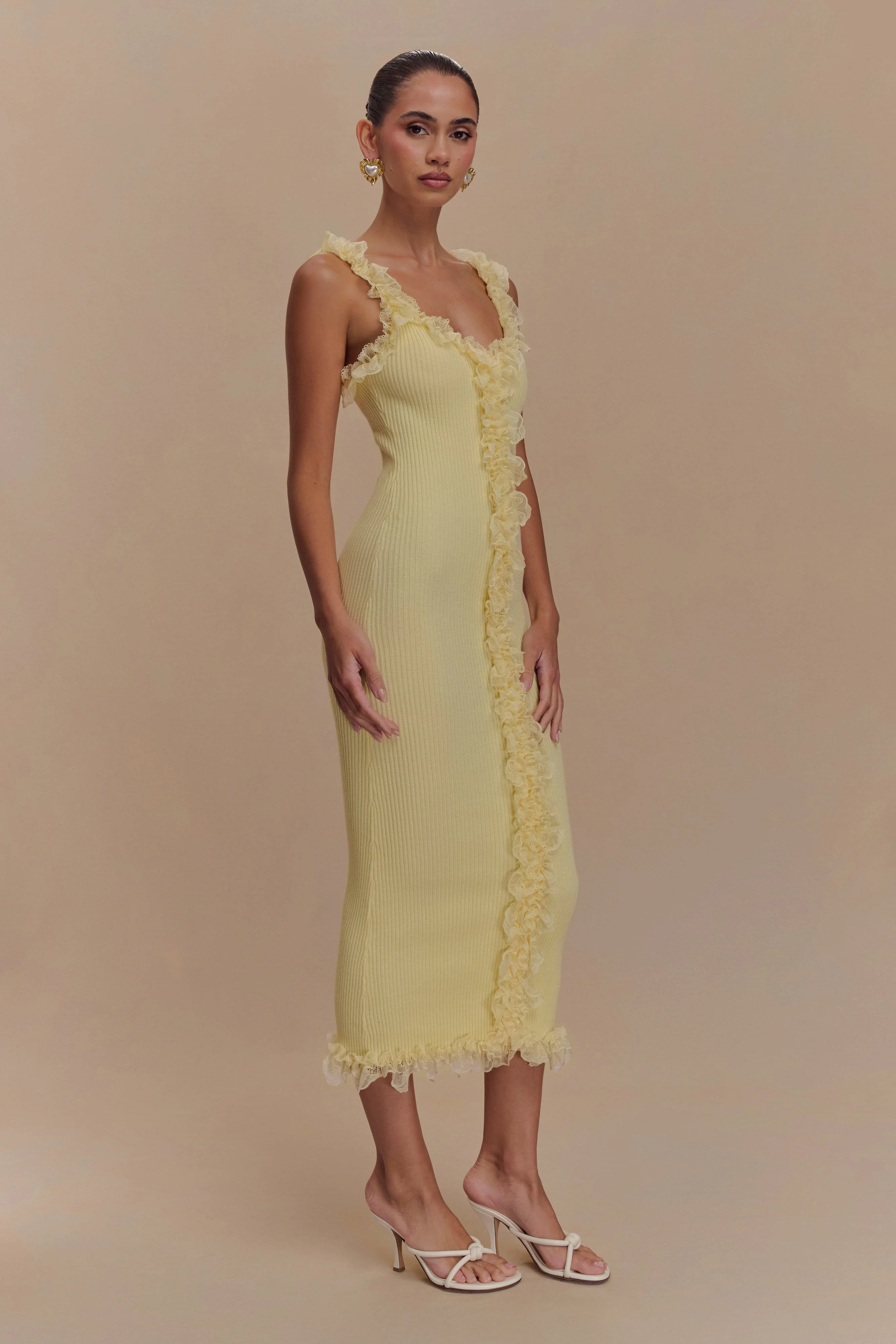 Shay Lace Ruffle Knit Midi Dress - Lemon