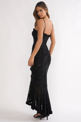 Everine Ruched Frill Trim Maxi Dress Black