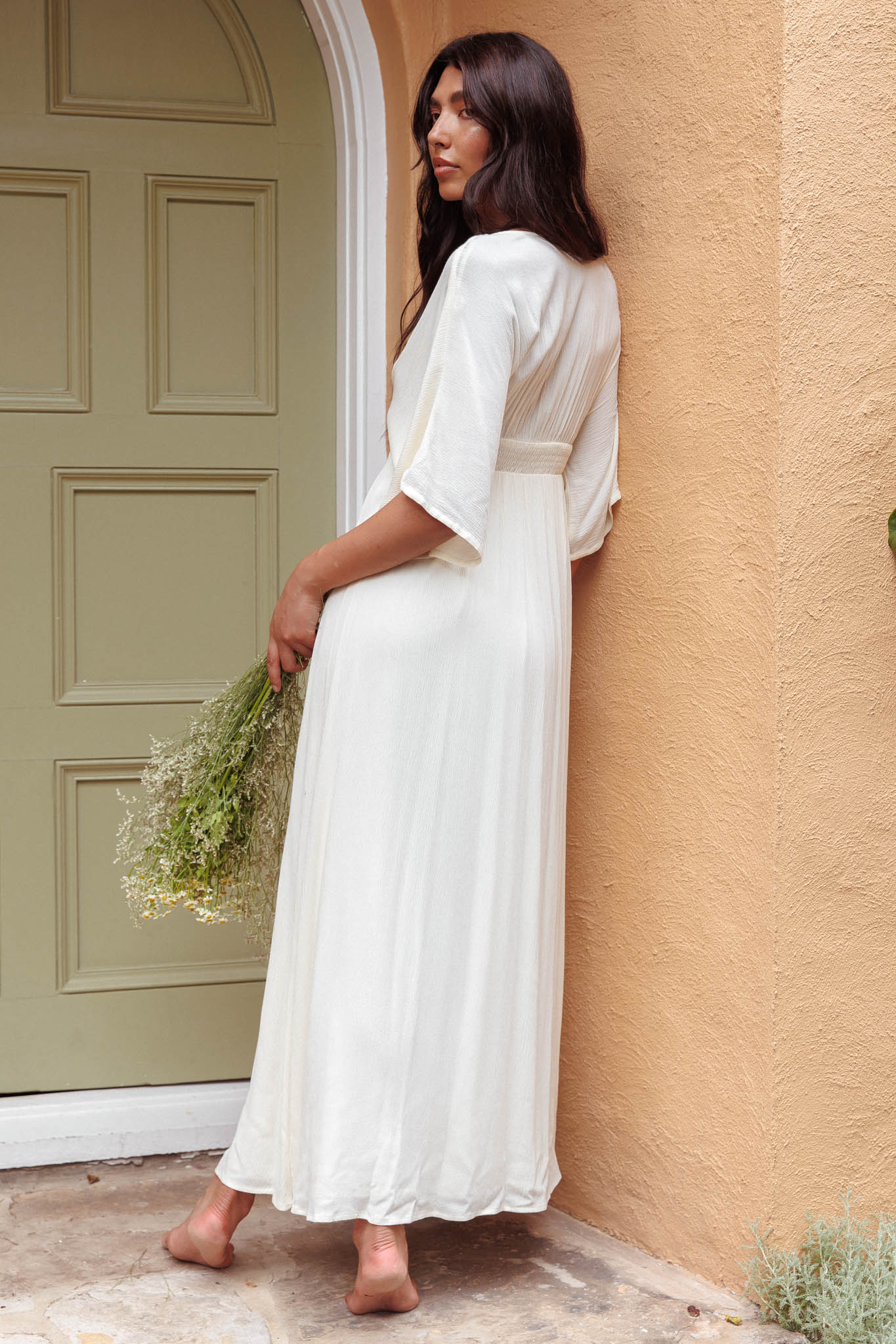 Paradise Found V-Neck Button Maxi Dress Natural