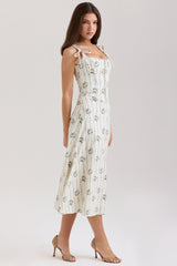 Dionne-Cream Daisy Print Stretch Cotton Midi Dress