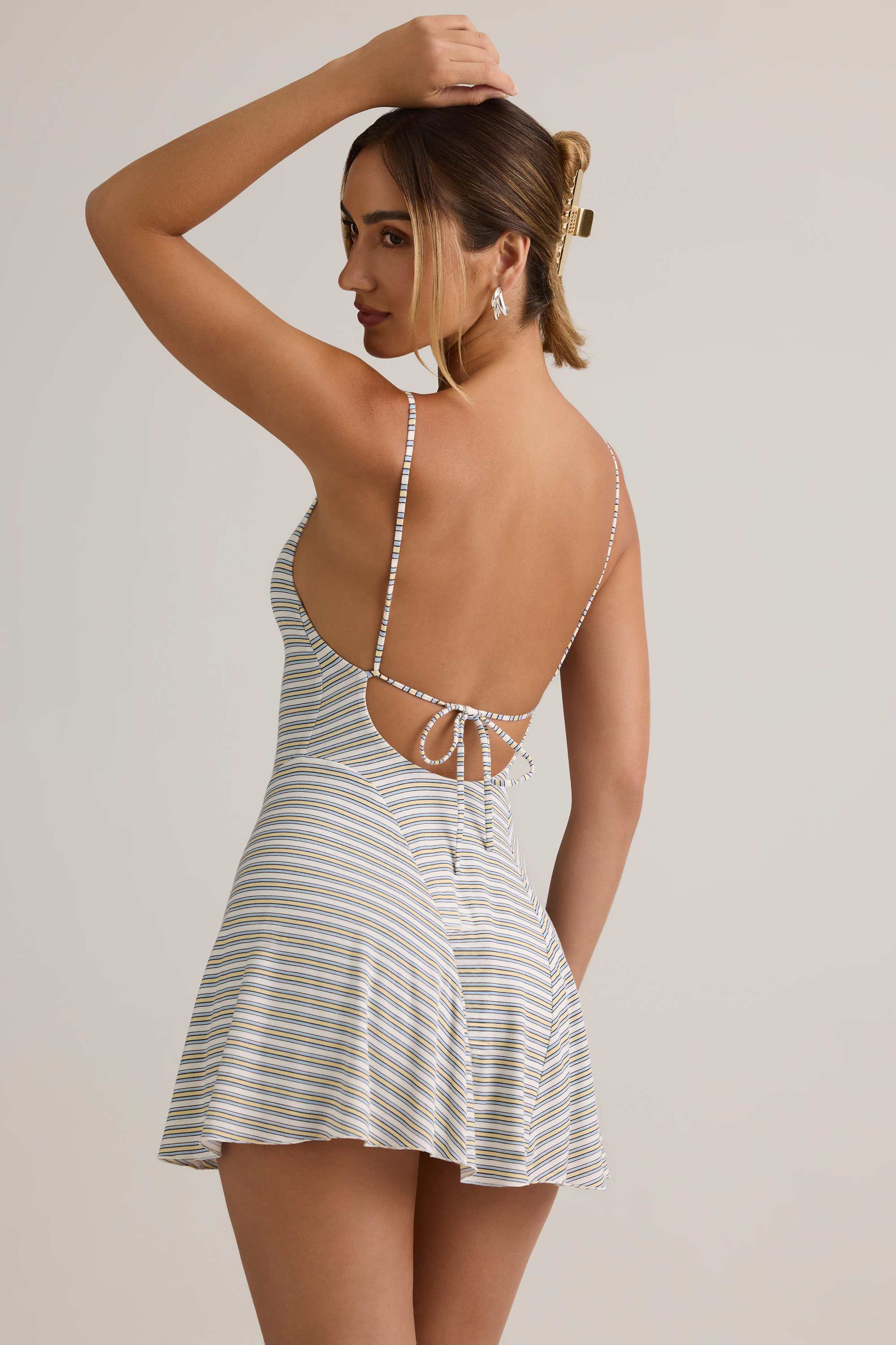 Mansi-Modal Ribbed Tie-Back A-Line Mini Dress in Blue Yellow Stripe