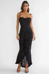 Everine Ruched Frill Trim Maxi Dress Black