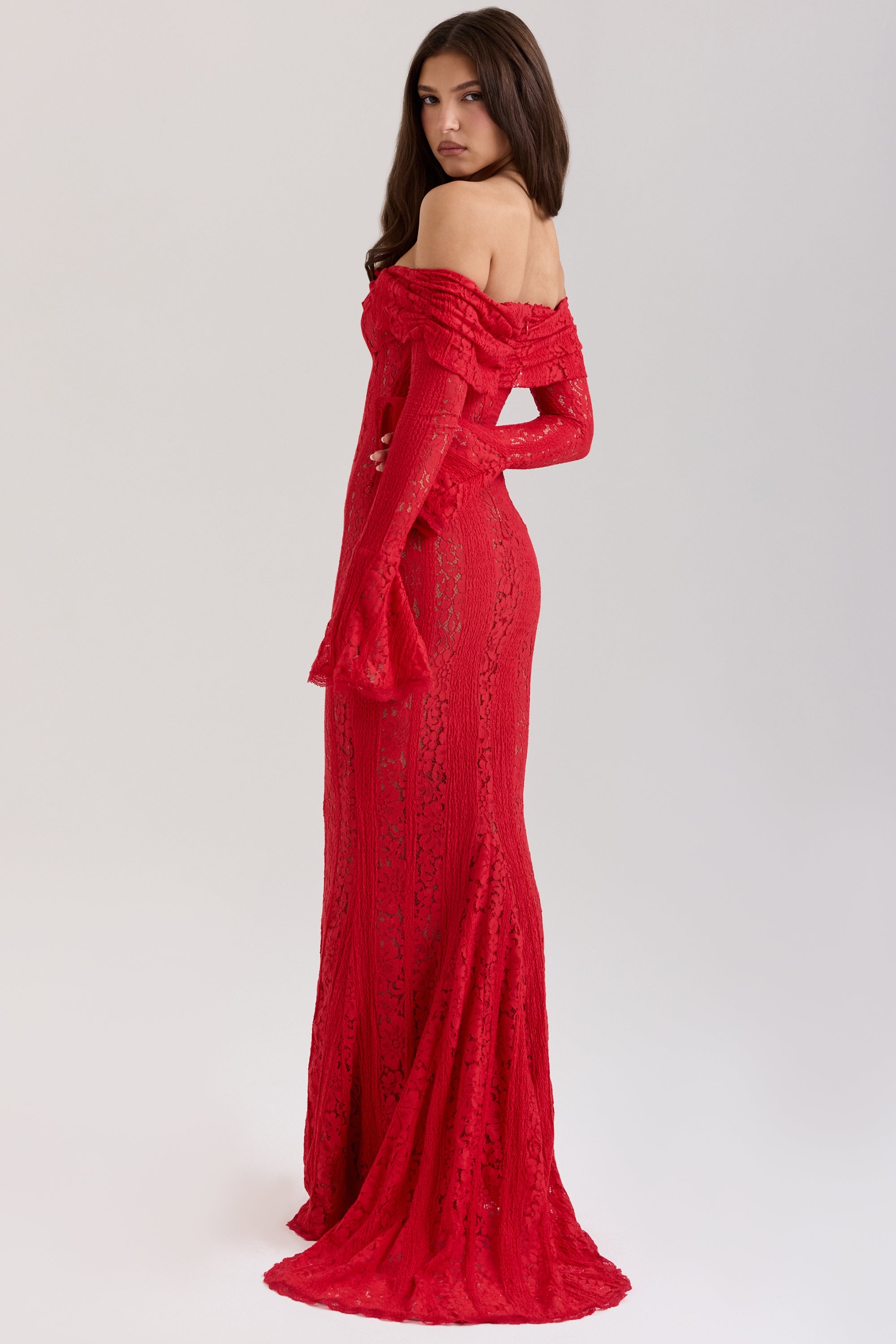 Belle-Red Off Shoulder Floral Lace Maxi Dress