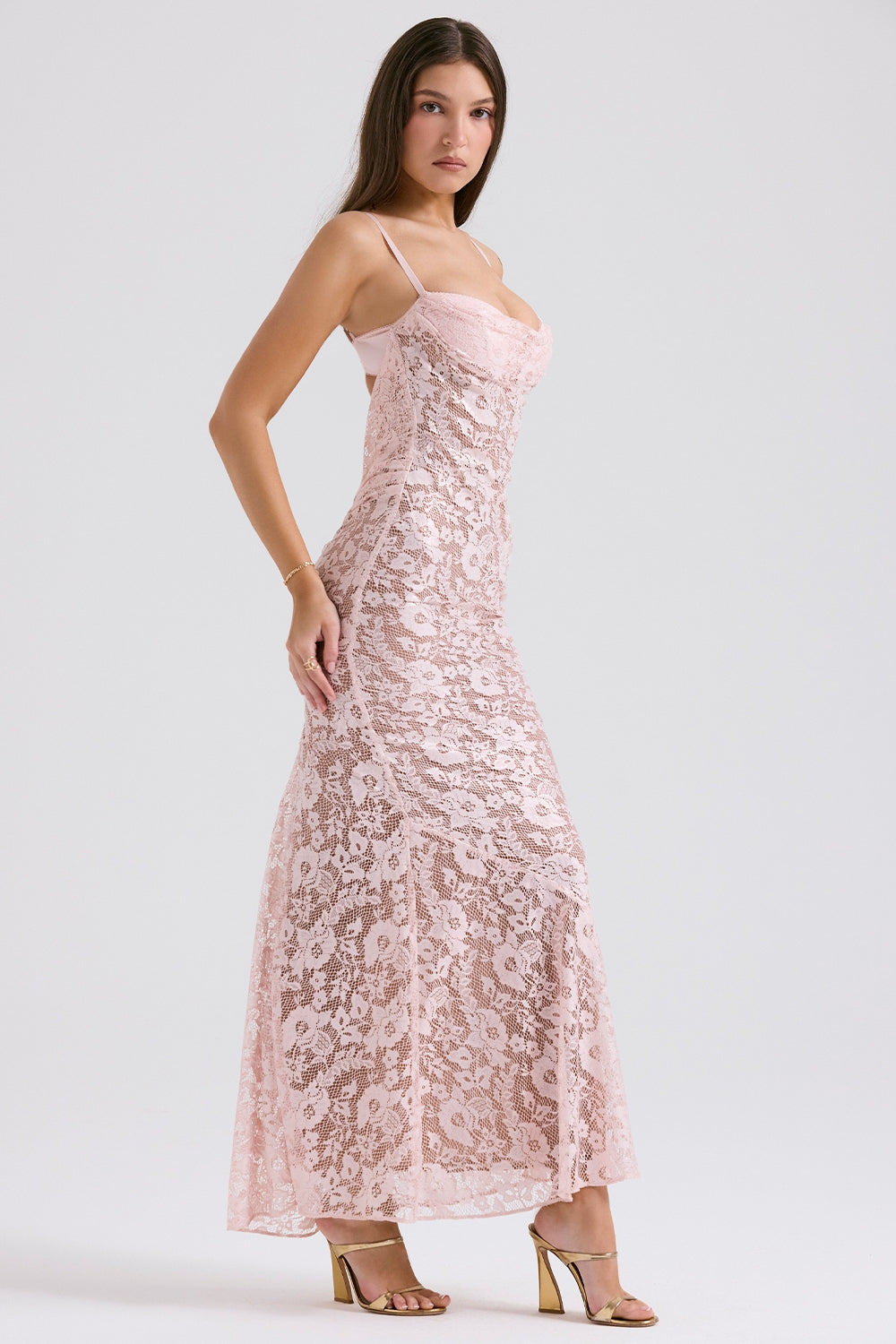 Azzurra-Rose Pink Lace Godet Gown