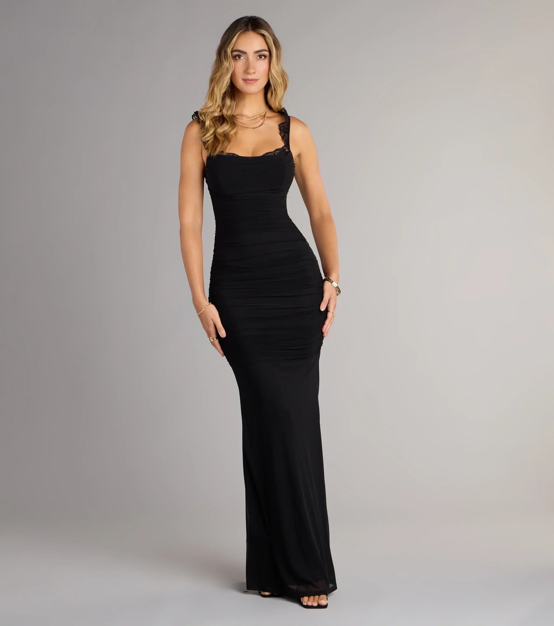 Morgana Lace-Up Ruched Mermaid Dress-BLACK