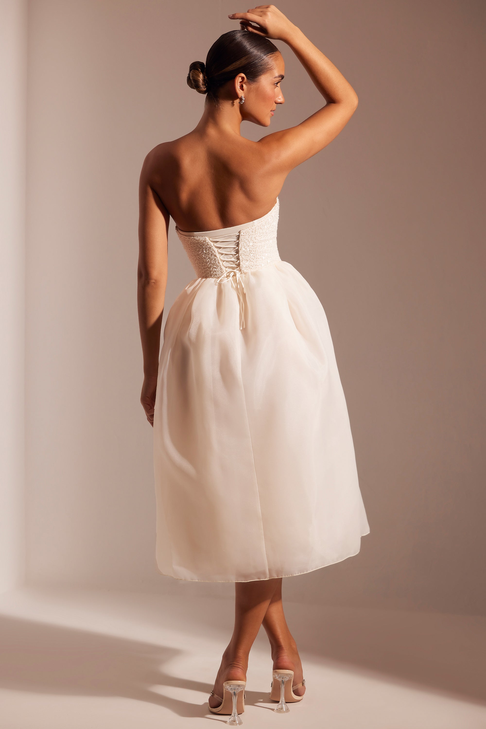 Rosette-Embellished Corset Tulle Skirt Midi Dress in Ivory