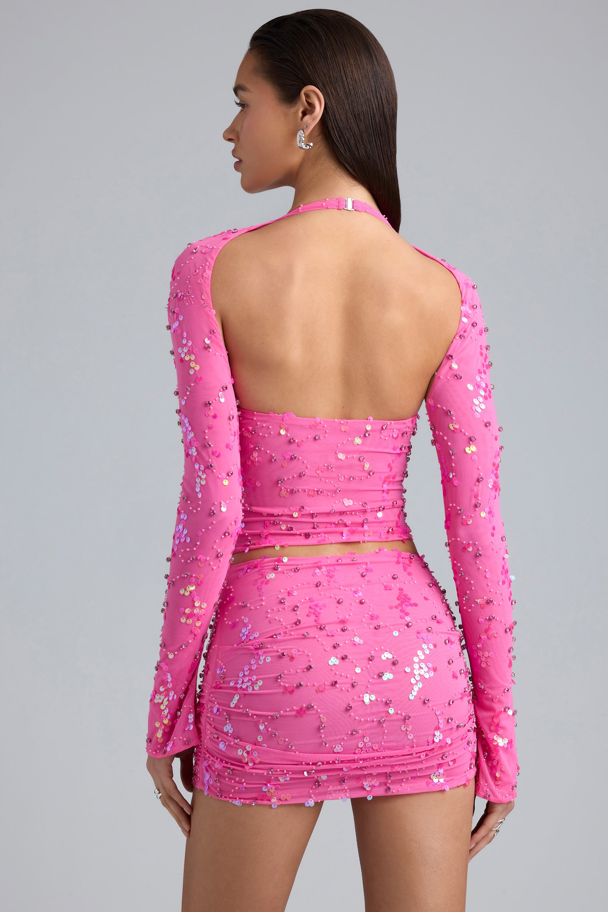 Willow-Ruched Mid-Rise Micro Mini Skirt in Bubblegum Pink