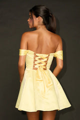 Rhylee Light Yellow Satin Lace-Up Off-the-Shoulder Mini Dress