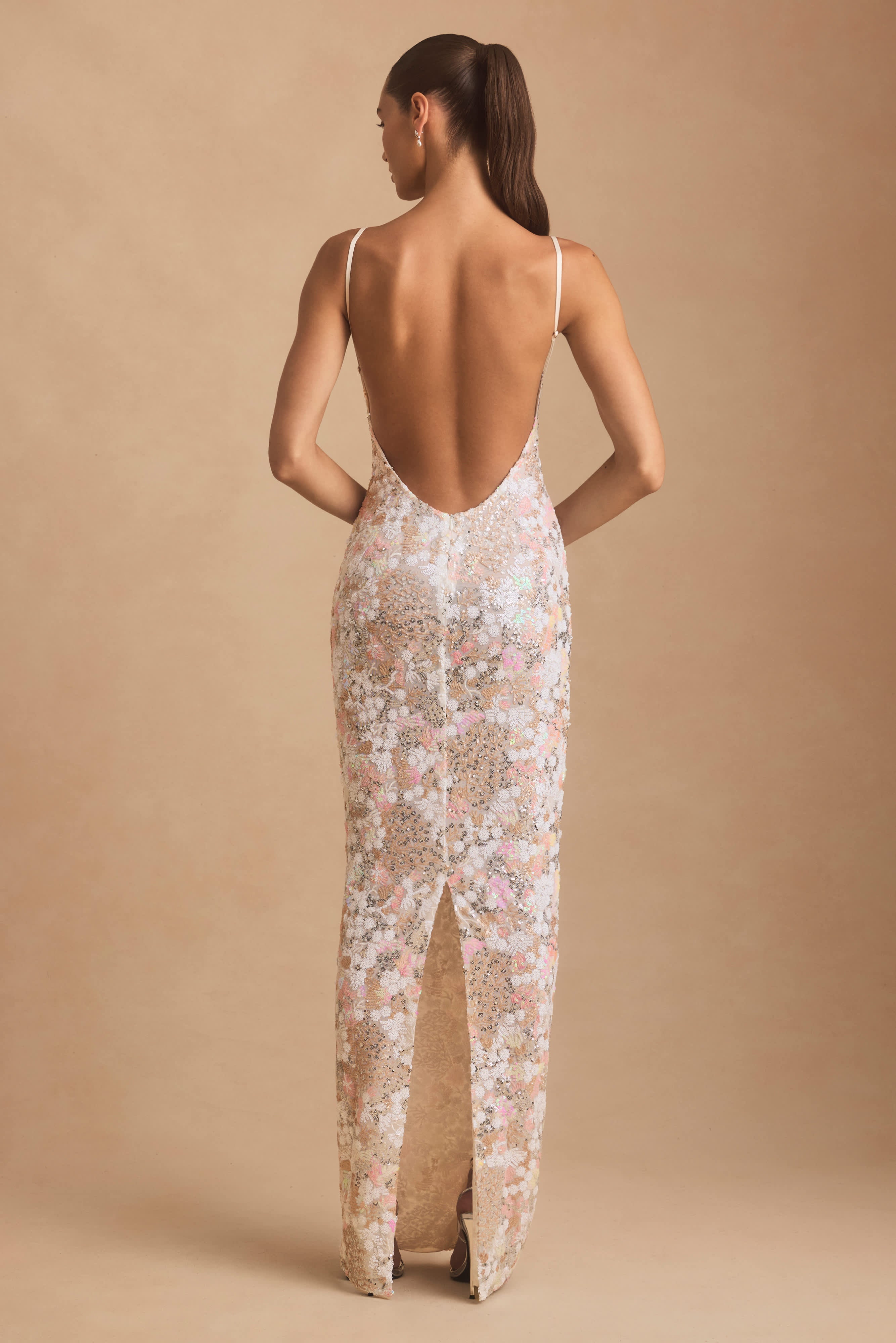 Tavira-Embellished Scoop-Neck Backless Maxi Dress in Ivory