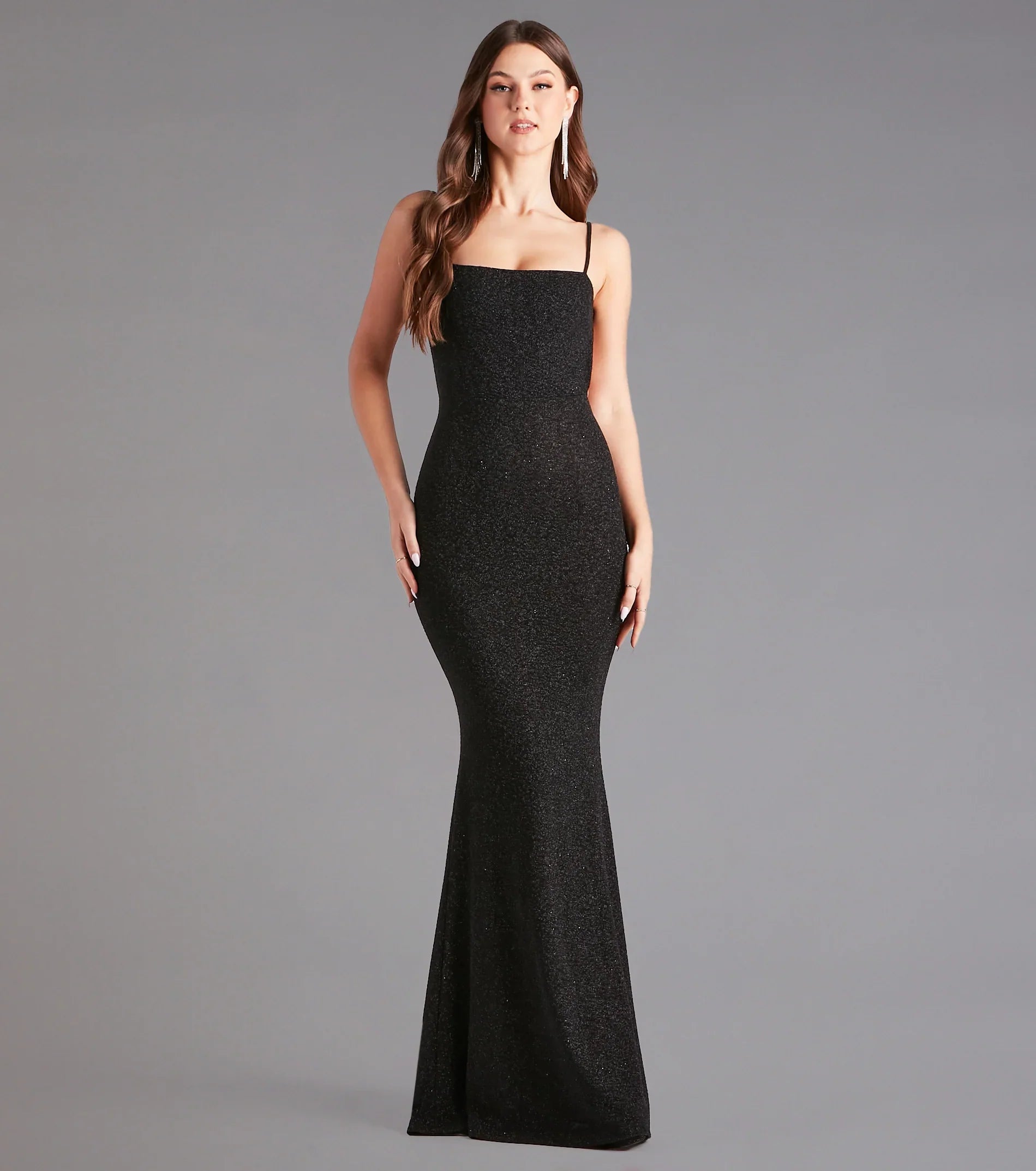 Gwendolyn Glitter Knit Bow-Back Mermaid Dress- BLACK