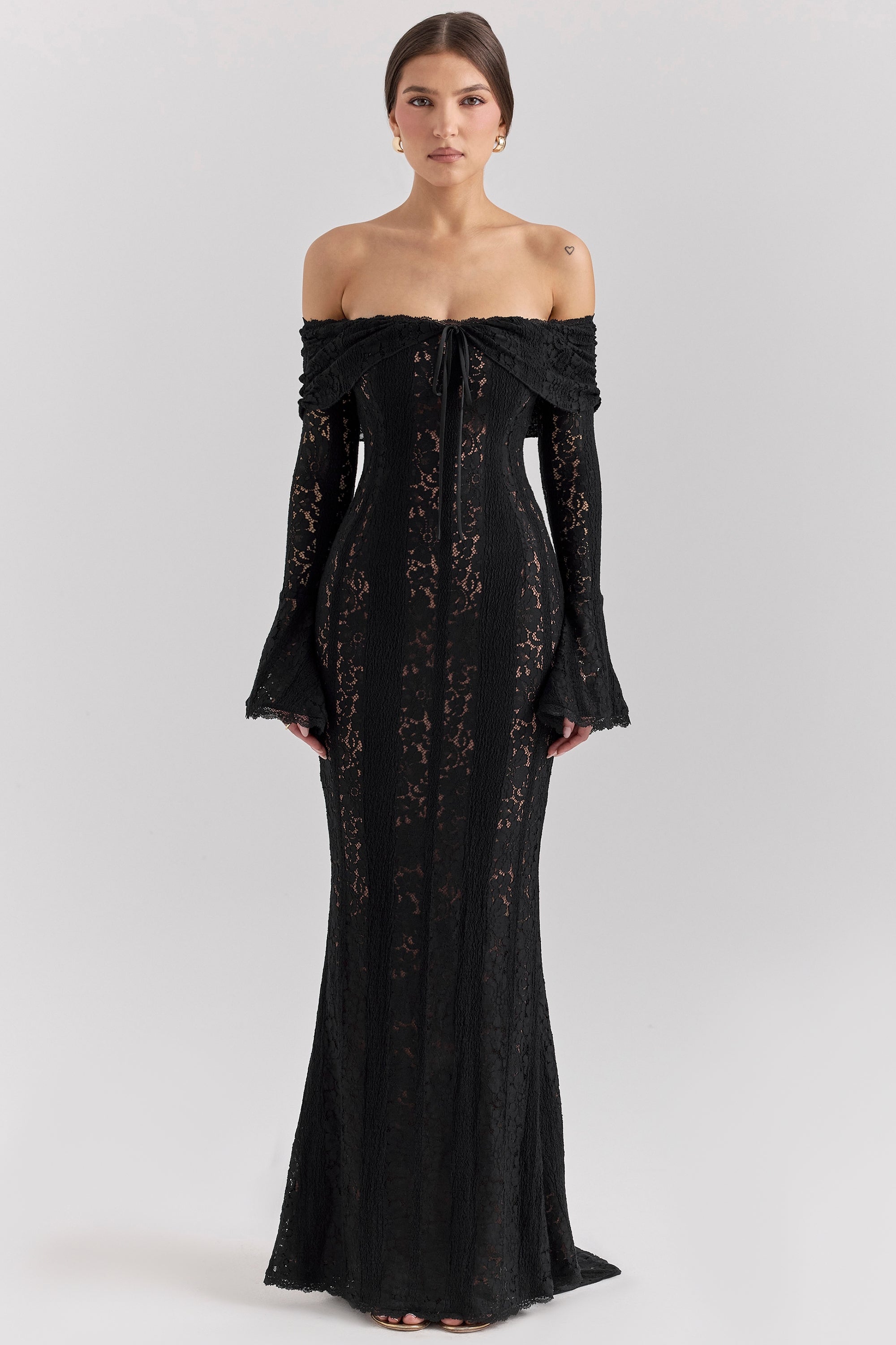Belle-Black Off Shoulder Floral Lace Maxi Dress