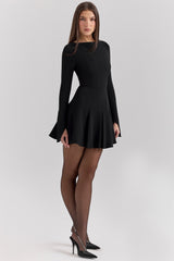 Francesca-Black Stretch Crepe Godet Mini Dress