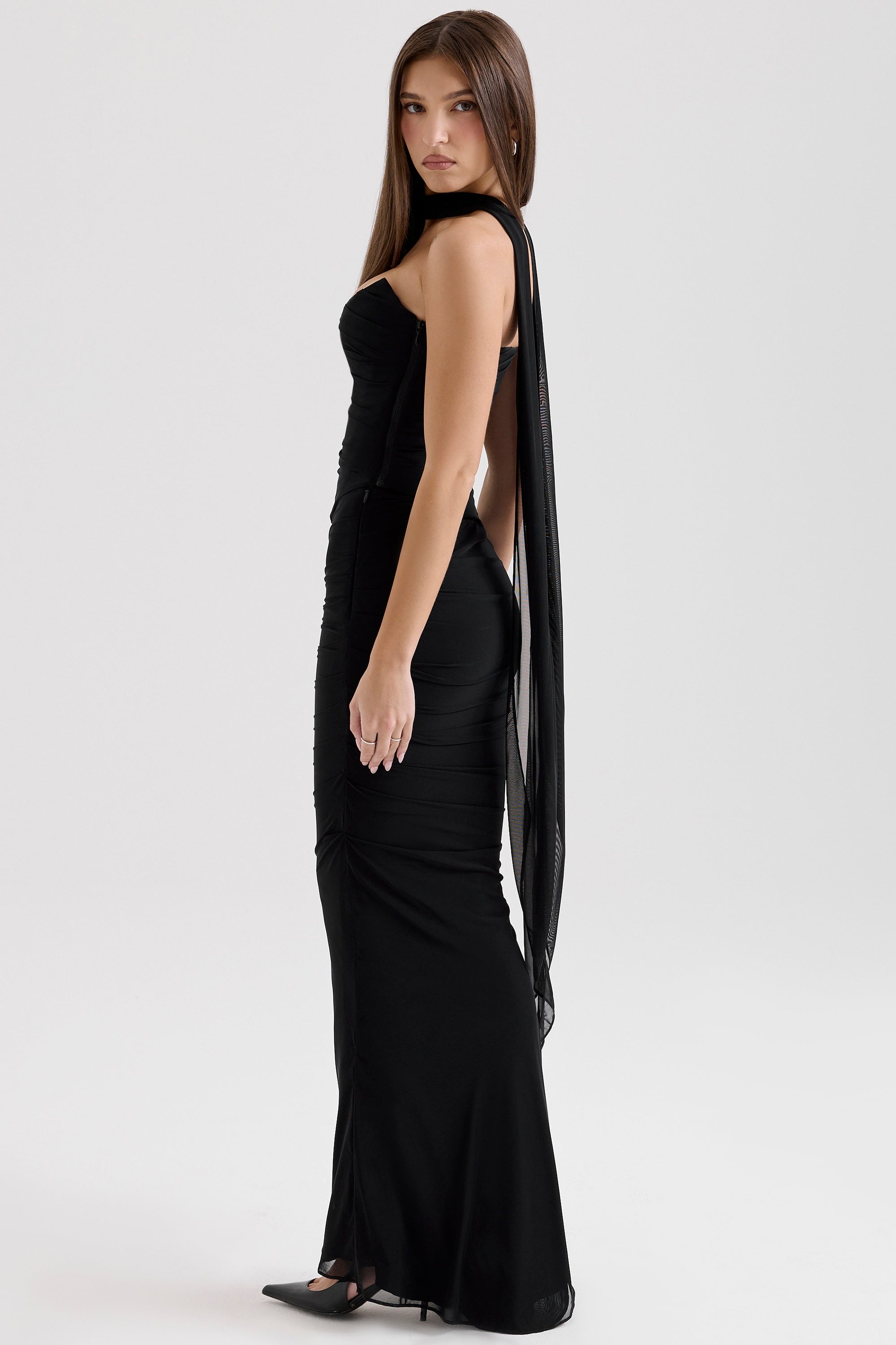 Cassidy-Black Mesh Maxi Skirt with Fluted Hem