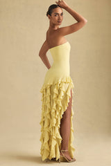 Diletta-Ruffle-Trim Strapless Gown in Pastel Yellow