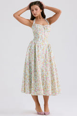 Adabella-Pale Blue Meadow Print Cotton Halter Sundress