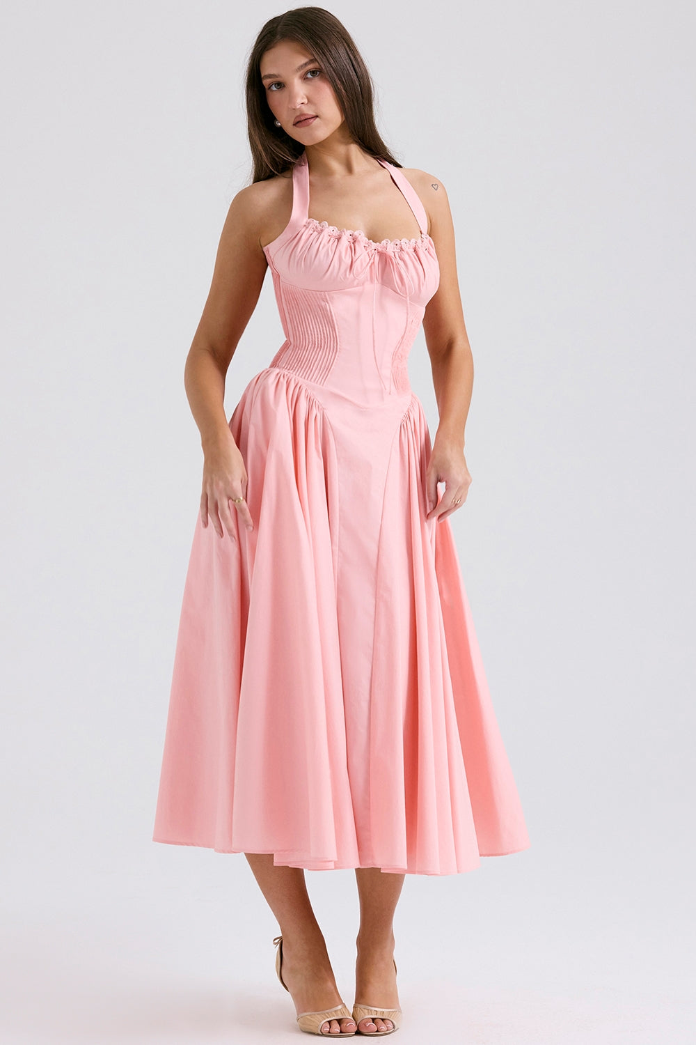 Adabella-Rose Pink Cotton Halter Midi Sundress
