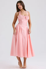 Adabella-Rose Pink Cotton Halter Midi Sundress