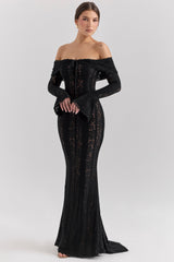 Belle-Black Off Shoulder Floral Lace Maxi Dress