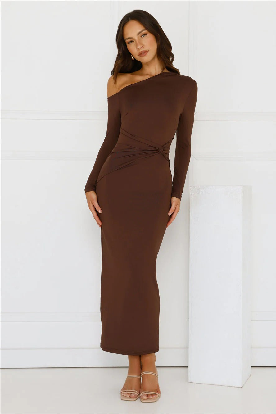 Looks That Talk Off Shoulder Maxi Dress Brown