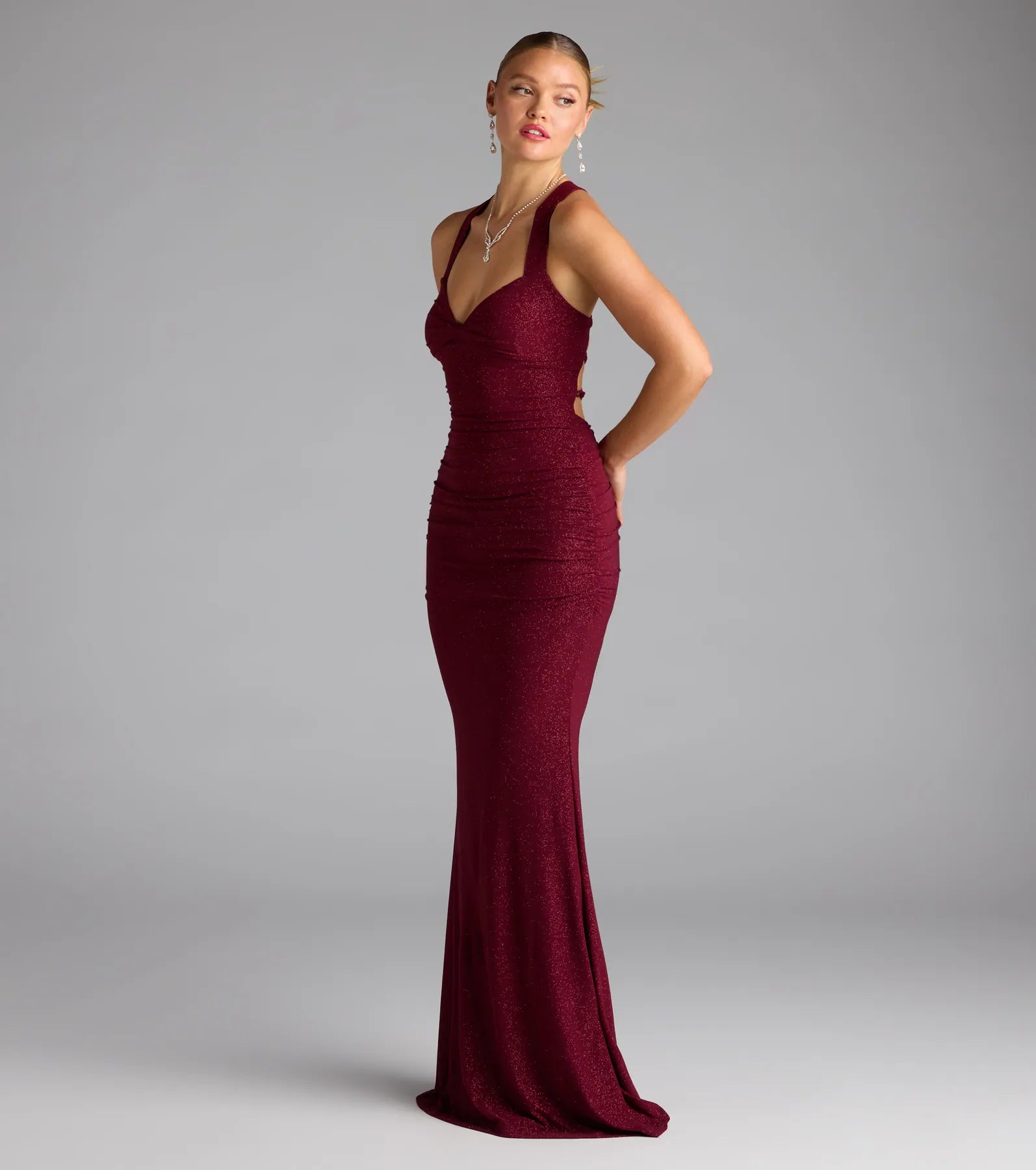 复制Tatiana Lace-Up Mermaid Glitter Formal Dress-Wine